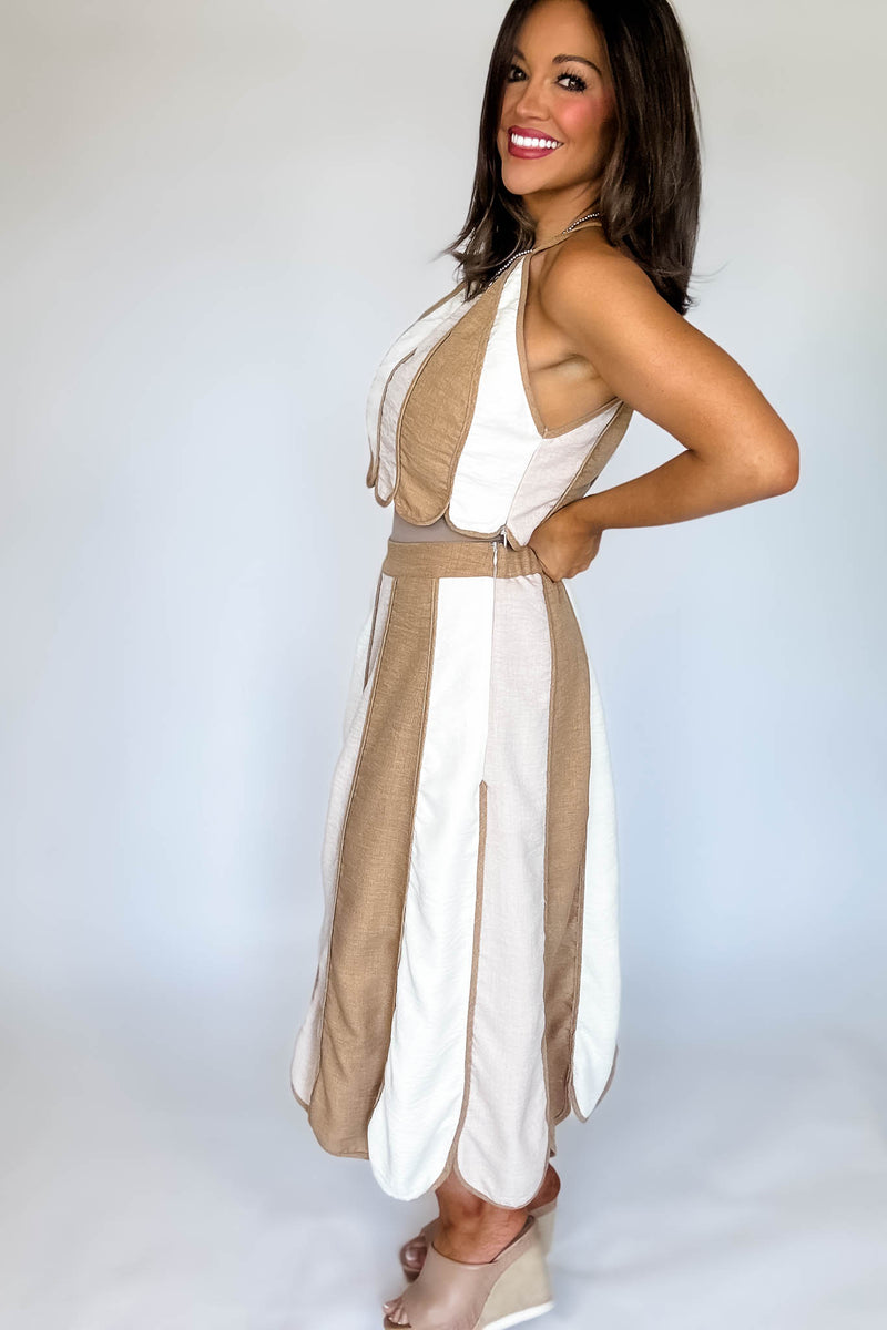 Natural Color Block Halter Neck Top with Midi Skirt Set