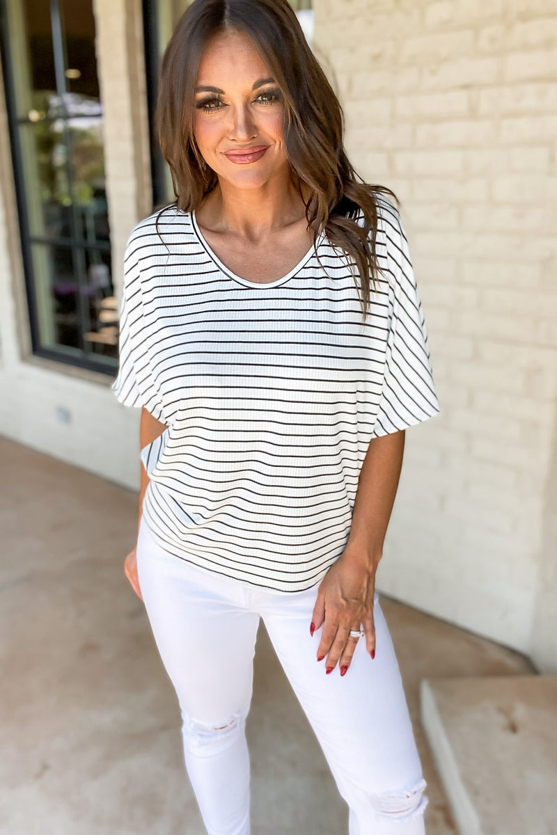 Day To Day White Short Sleeves Striped Rib Knit Top