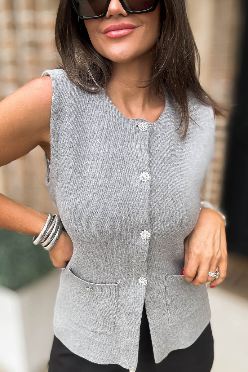 Charcoal Elegant Crystal Button Down Sweater Vest