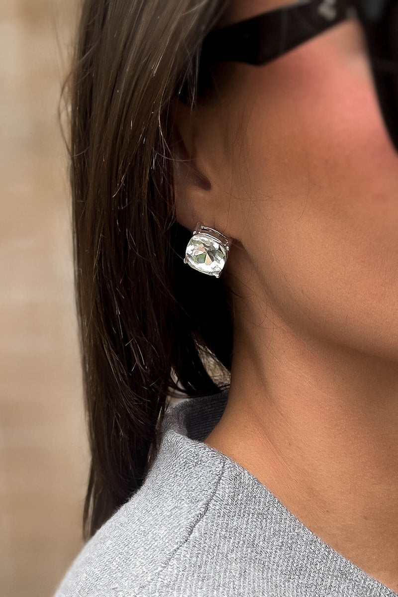 Clear Silver Trim Stud Earrings
