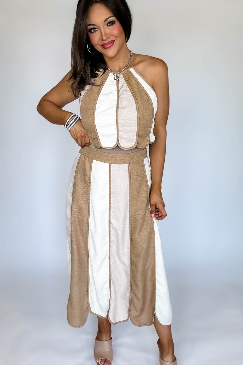 Natural Color Block Halter Neck Top with Midi Skirt Set