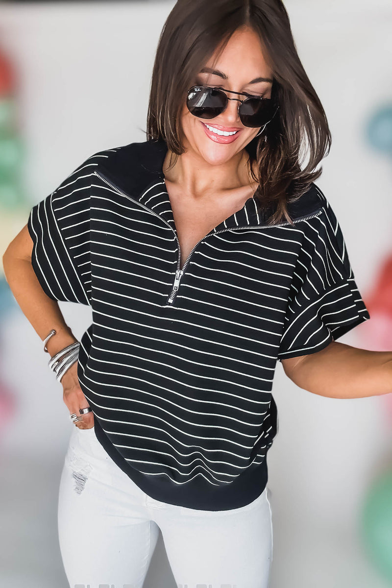 Black Striped Half Zip Sweatshirt