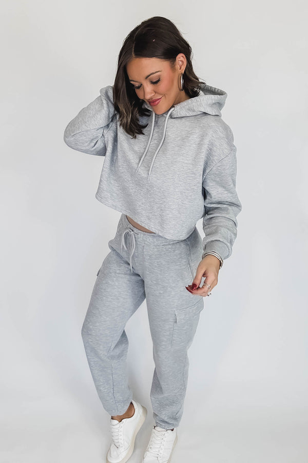 Cropped Heather Grey Fleece Hoodie Sweatshirt