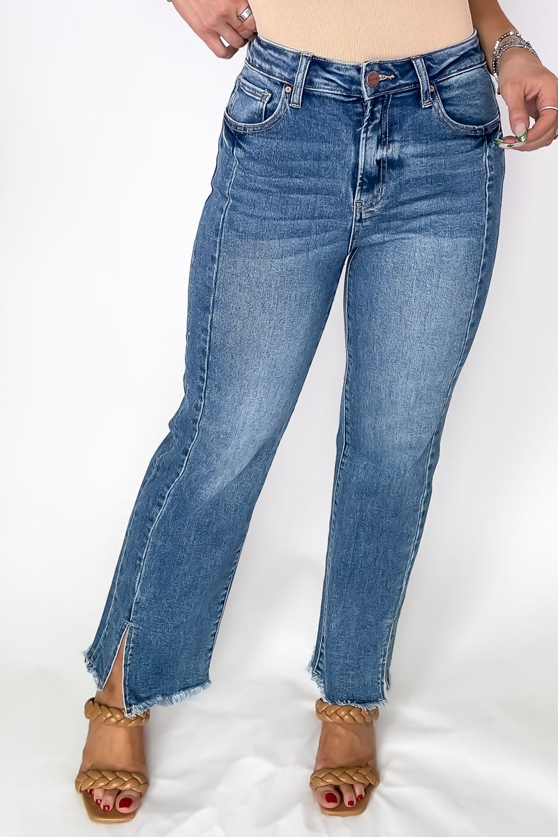 RISEN High Waist Raw Hem Slit Straight Jeans