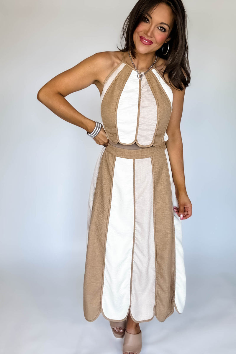 Natural Color Block Halter Neck Top with Midi Skirt Set