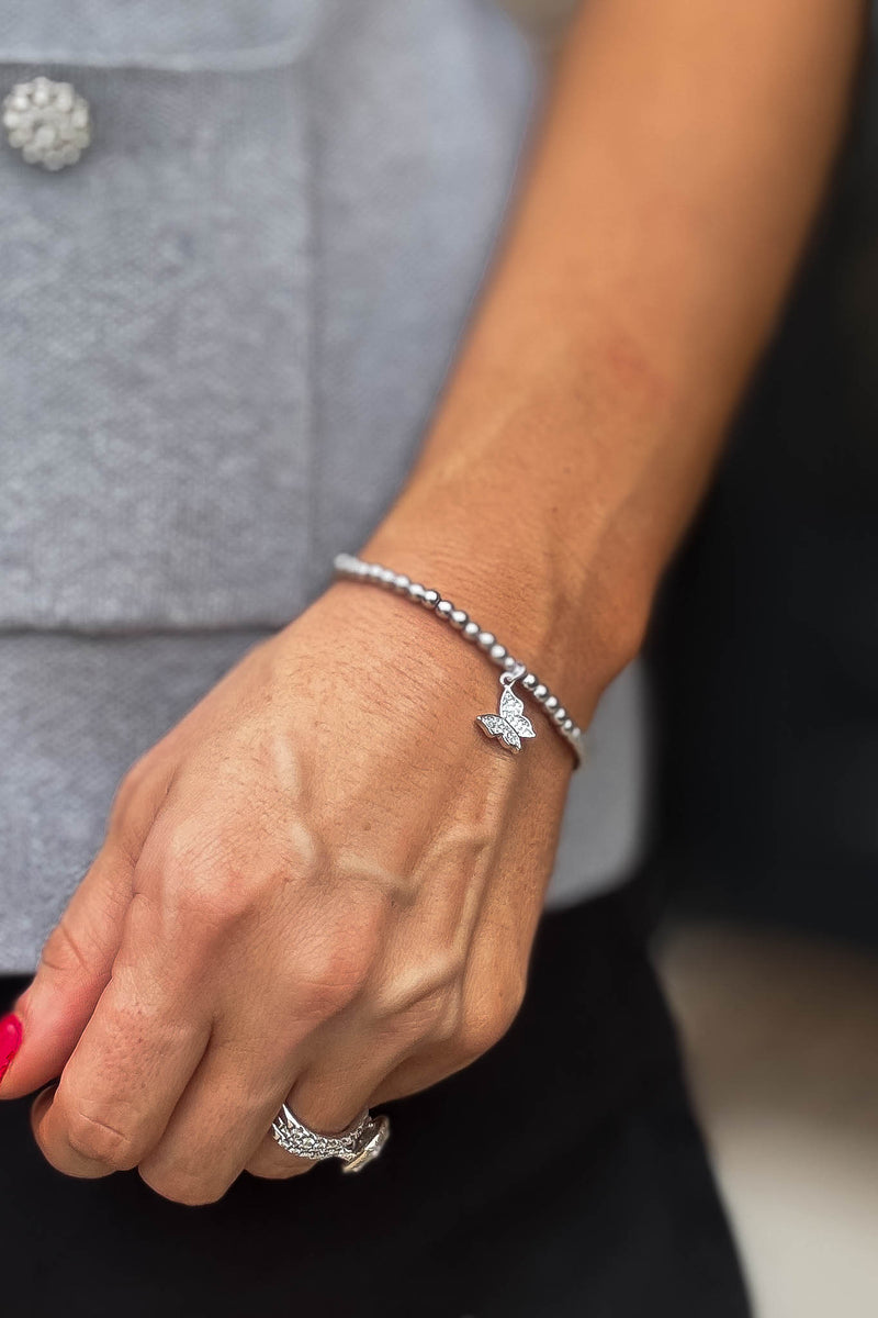 Butterfly Silver Beaded Bracelet