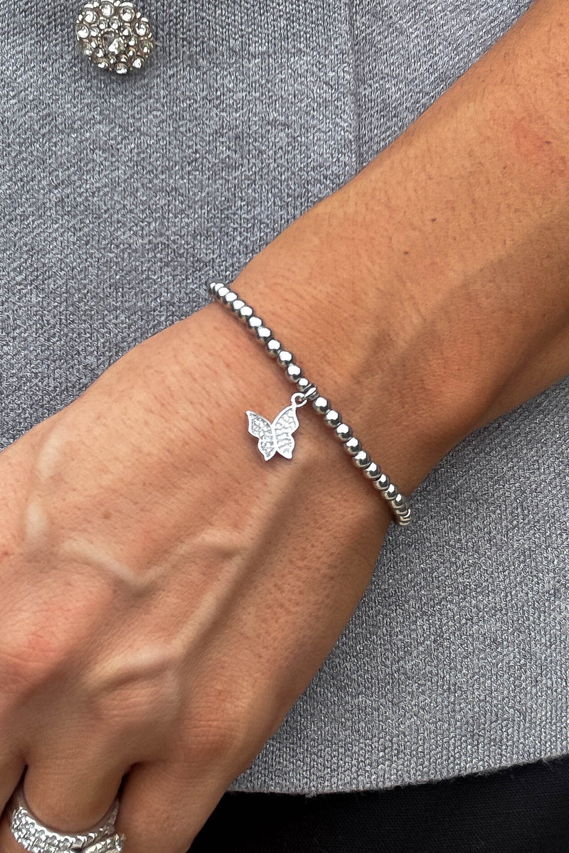 Butterfly Silver Beaded Bracelet