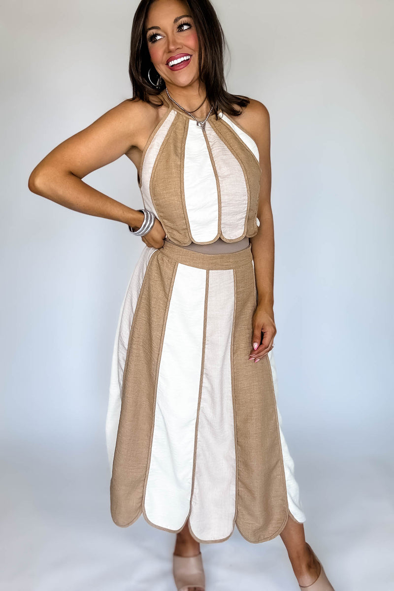 Natural Color Block Halter Neck Top with Midi Skirt Set