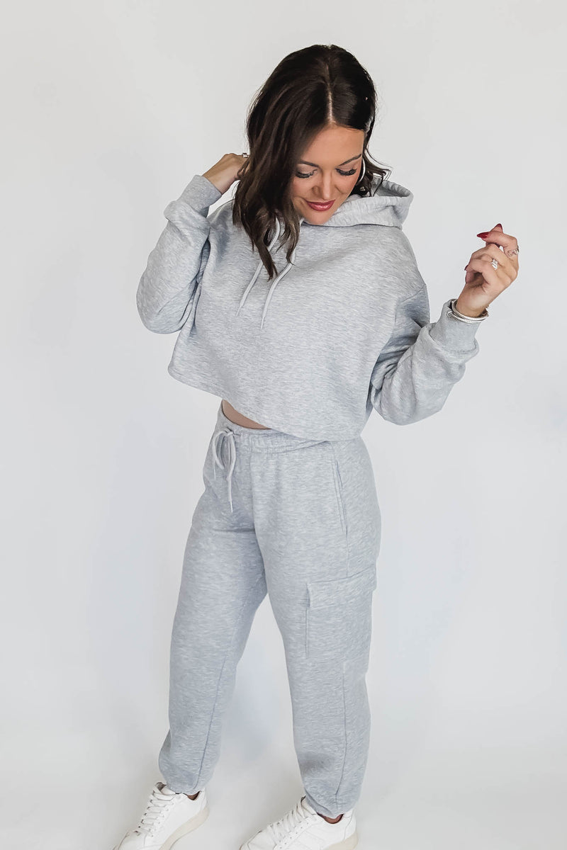 Cropped Heather Grey Fleece Hoodie Sweatshirt