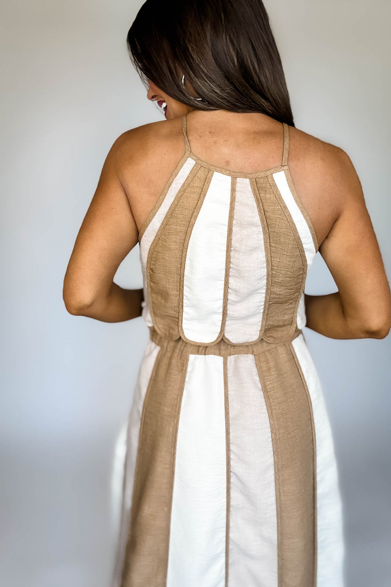 Natural Color Block Halter Neck Top with Midi Skirt Set