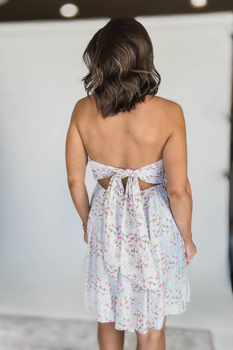Light Blue And Pink Tie Back Dress