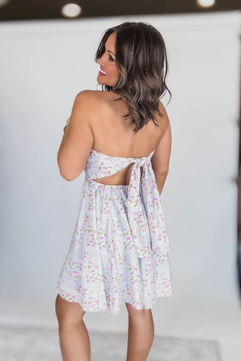 Light Blue And Pink Tie Back Dress