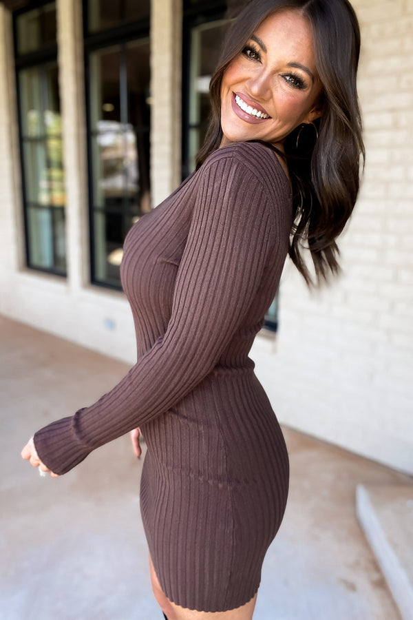 Make It Better Brown Long Sleeve Double V-Neck Sweater Mini Dress