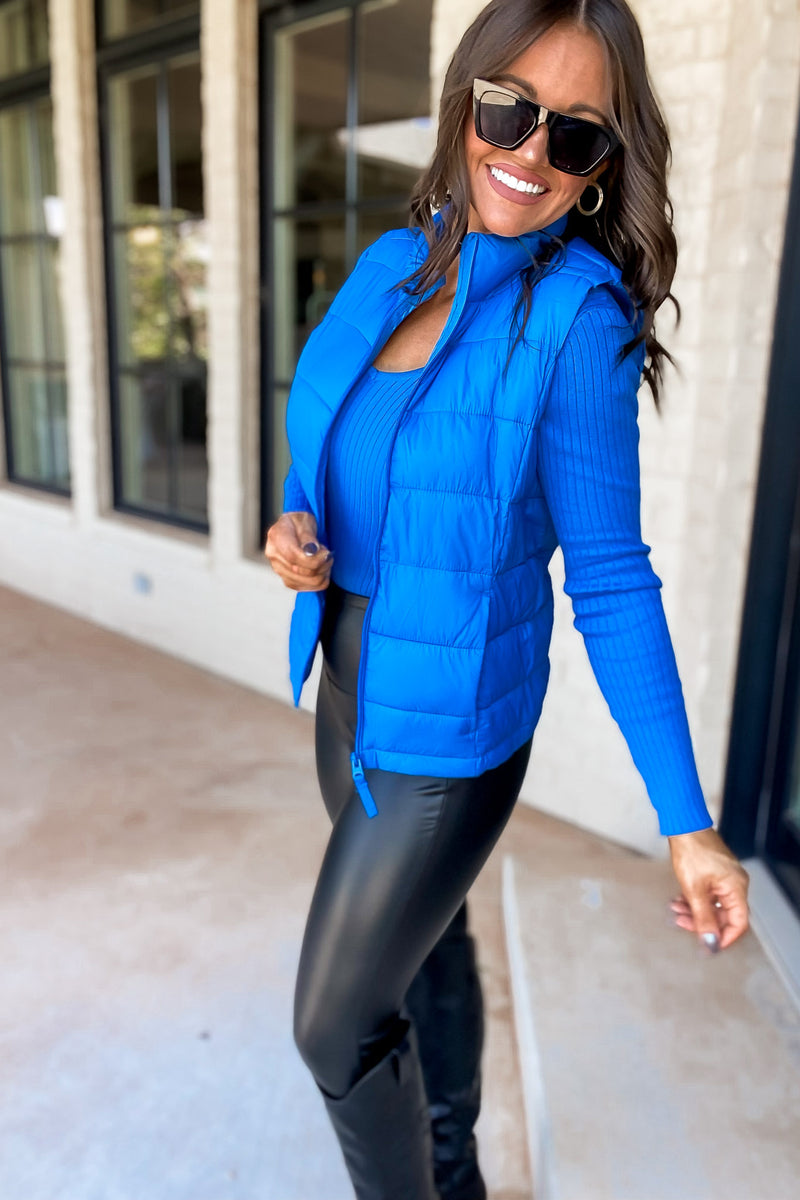 Core Values Woven Solid High Neck Blue Vest