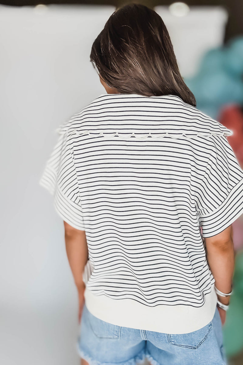 Black And Cream Striped Zip-Up Collared Top