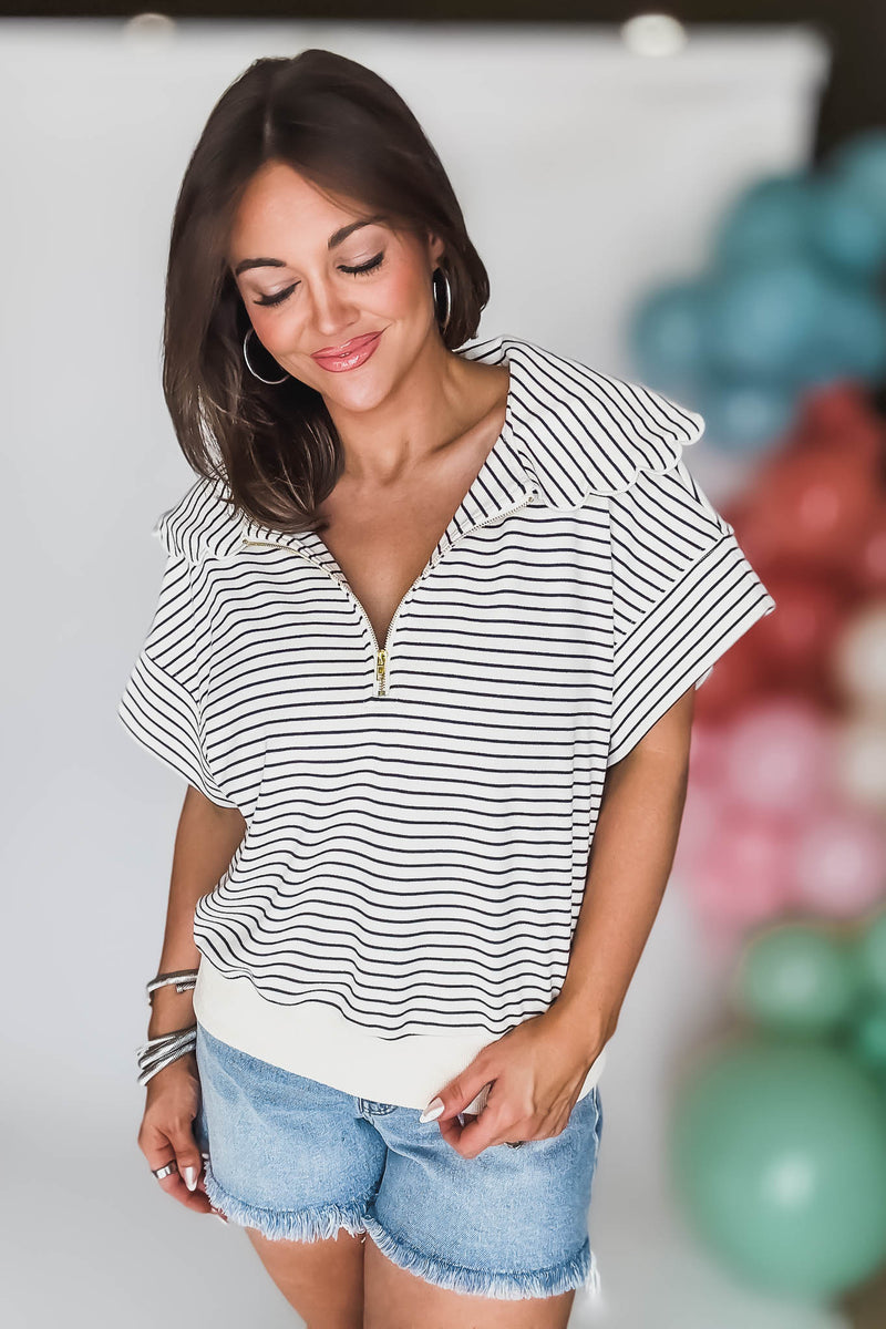 Black And Cream Striped Zip-Up Collared Top