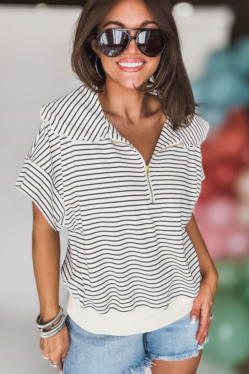 Black And Cream Striped Zip-Up Collared Top