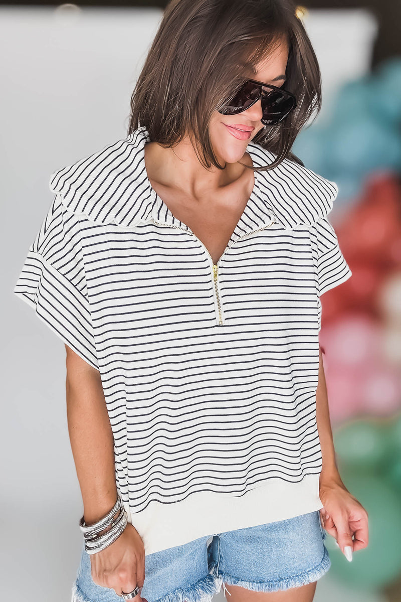 Black And Cream Striped Zip-Up Collared Top