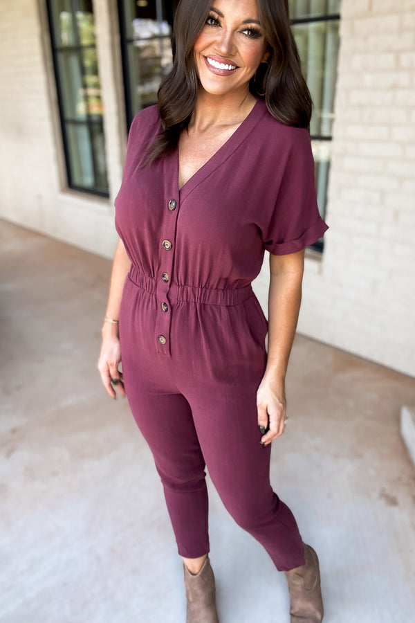 Here Forever Plum V-Neck Short Sleeve Jumpsuit