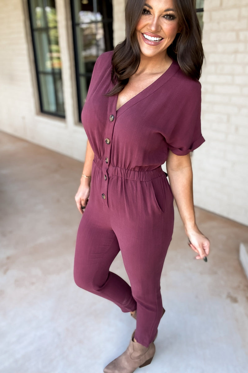 Here Forever Plum V-Neck Short Sleeve Jumpsuit
