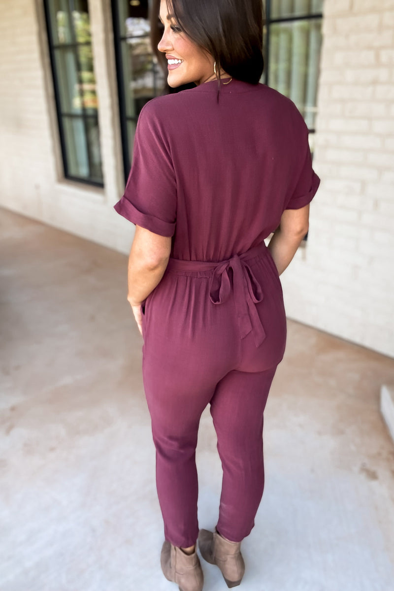 Here Forever Plum V-Neck Short Sleeve Jumpsuit