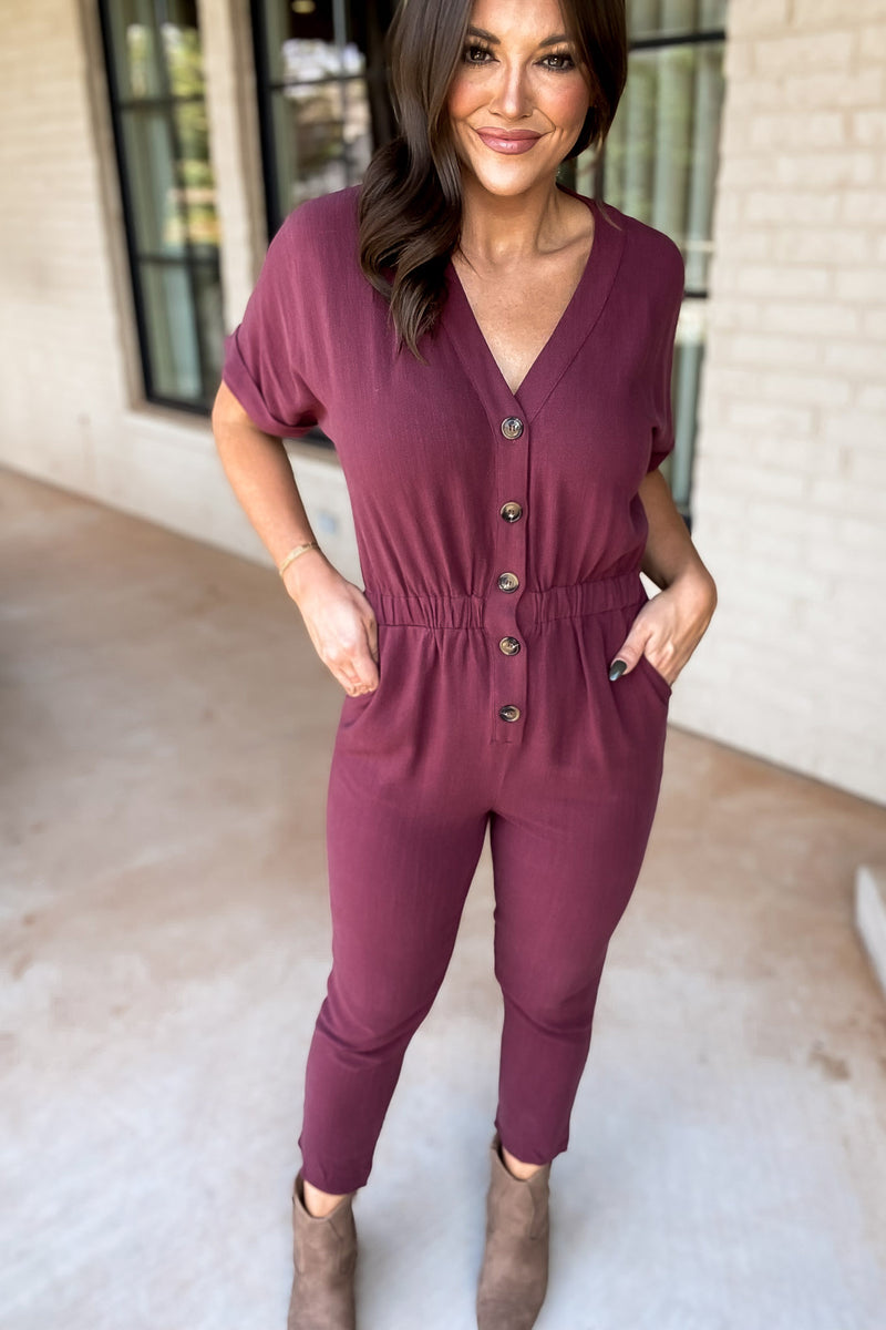 Here Forever Plum V-Neck Short Sleeve Jumpsuit