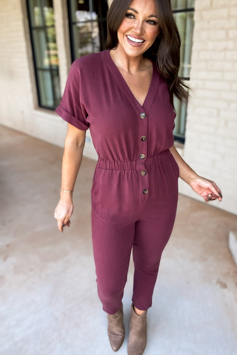 Here Forever Plum V-Neck Short Sleeve Jumpsuit