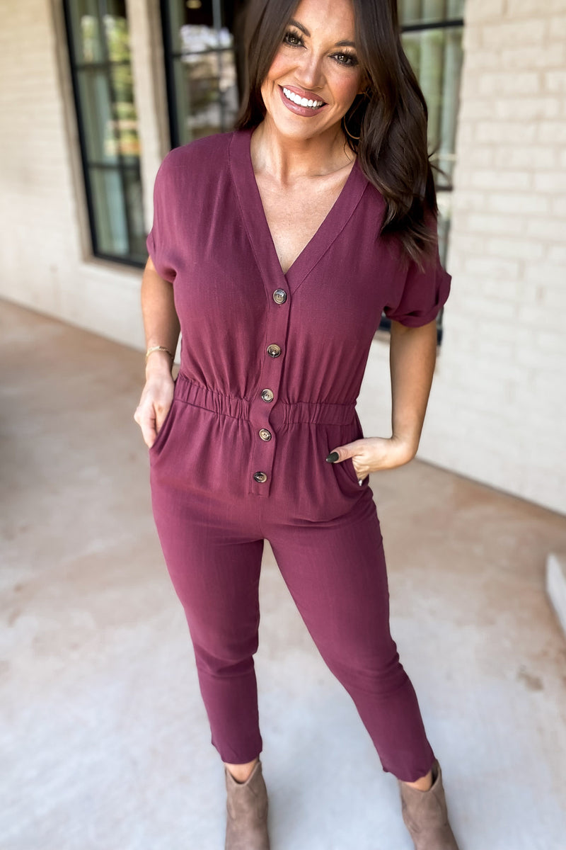 Here Forever Plum V-Neck Short Sleeve Jumpsuit