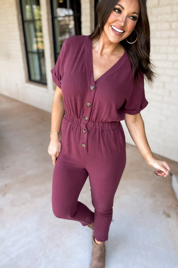Here Forever Plum V-Neck Short Sleeve Jumpsuit