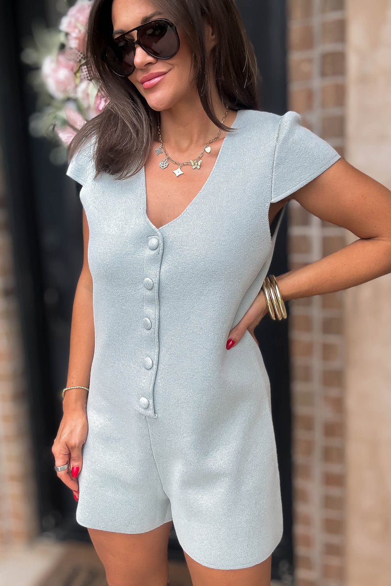 Mable More To Come Dusty Sage Button Down Knit Romper