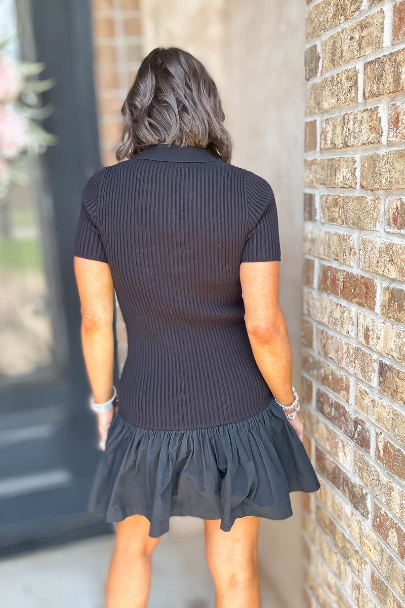 Mable Polo Collar Ribbed Knit And Woven Skirt Mix Dress