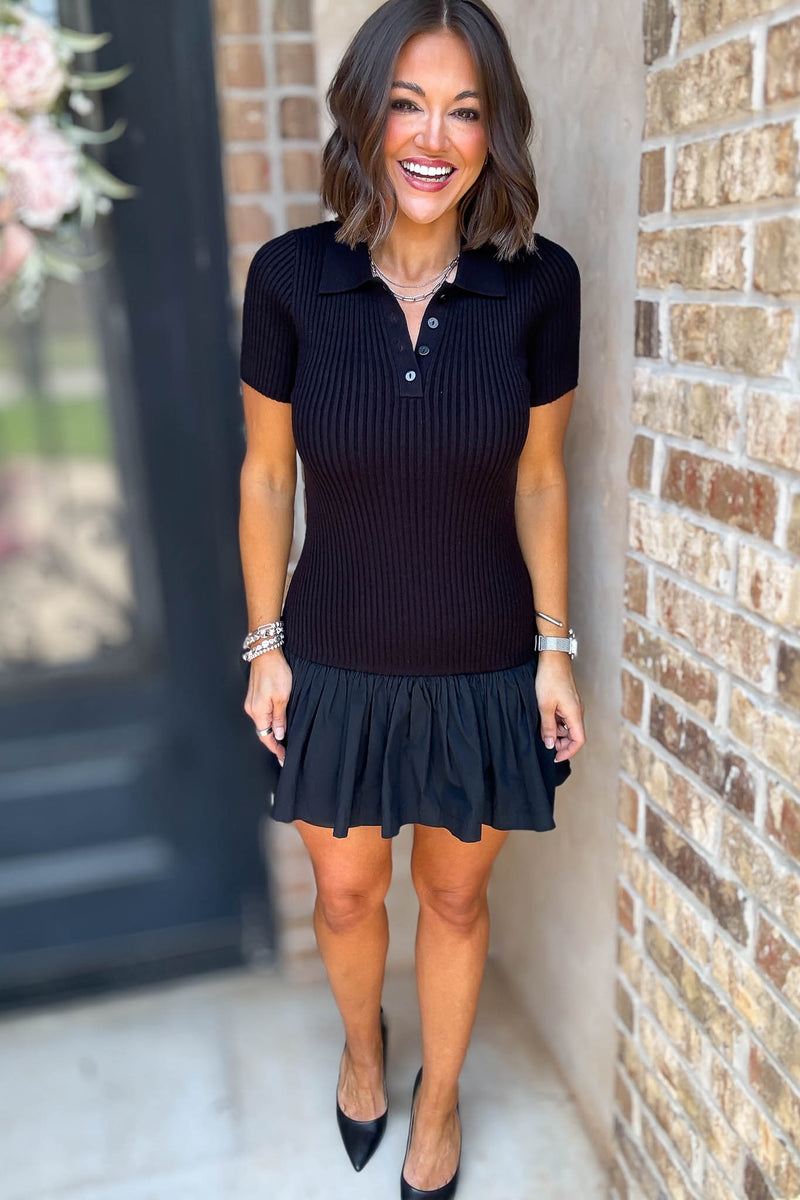 Mable Polo Collar Ribbed Knit And Woven Skirt Mix Dress