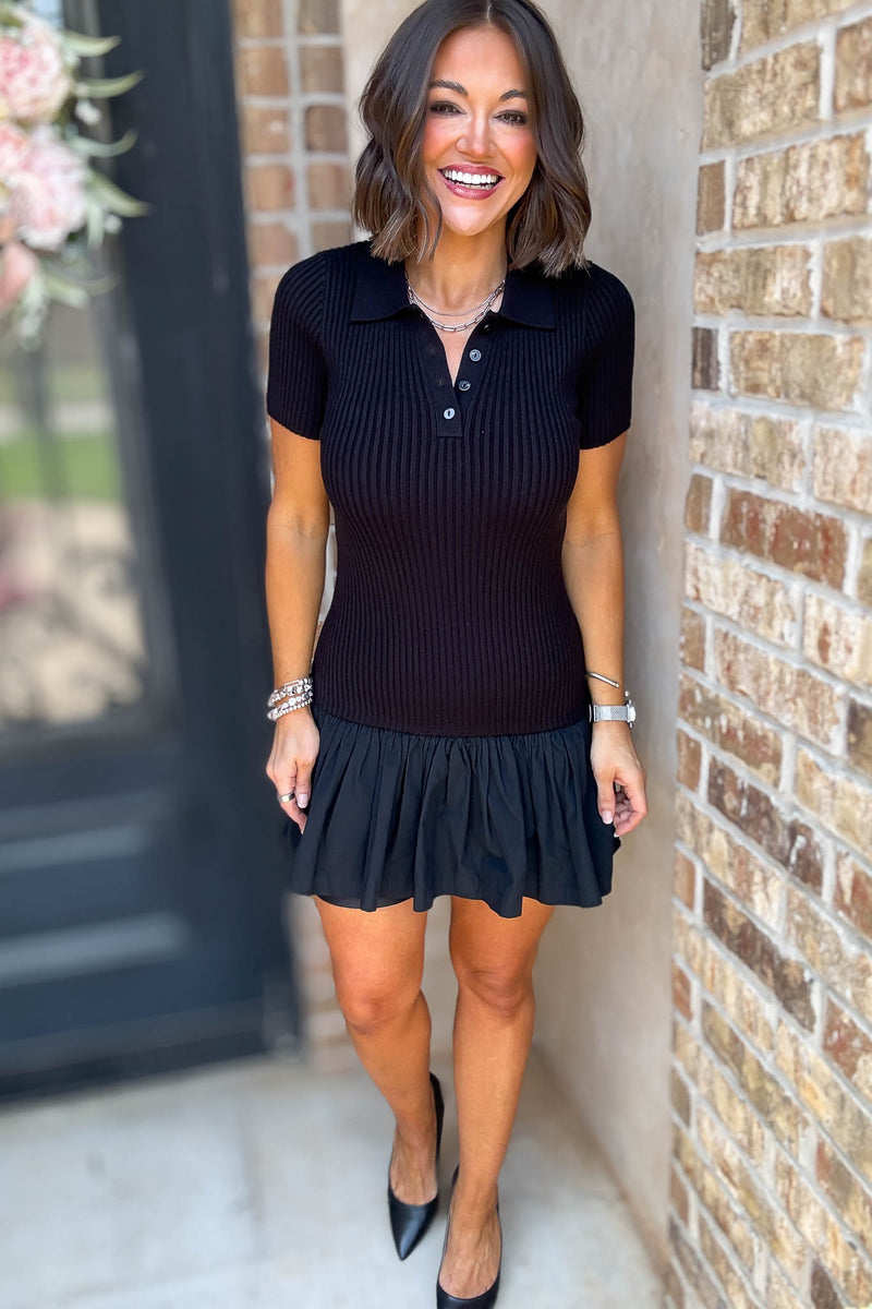Mable Polo Collar Ribbed Knit And Woven Skirt Mix Dress