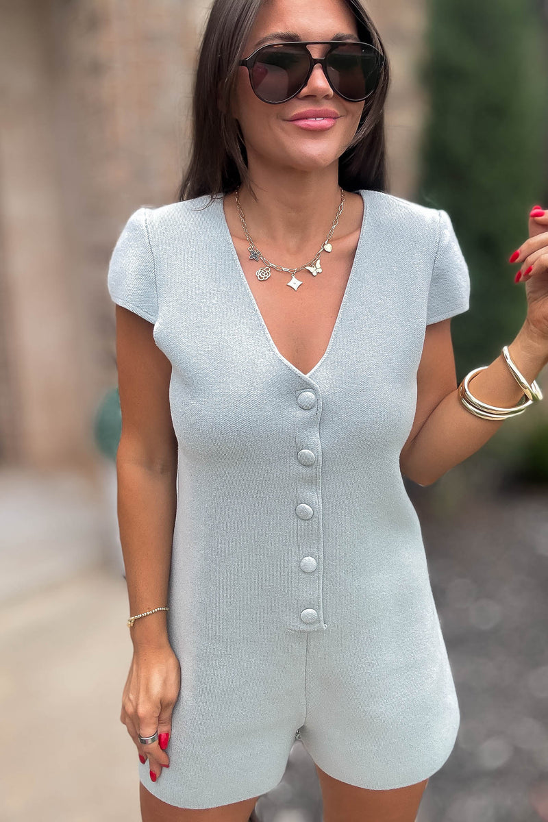 Mable More To Come Dusty Sage Button Down Knit Romper
