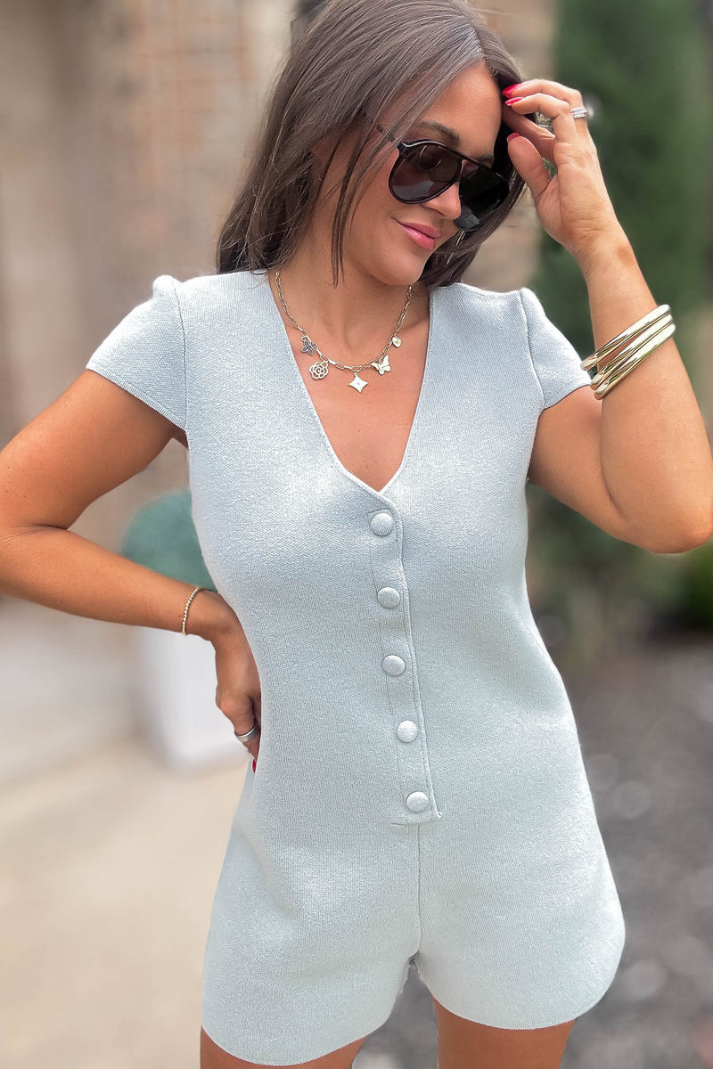 Mable More To Come Dusty Sage Button Down Knit Romper