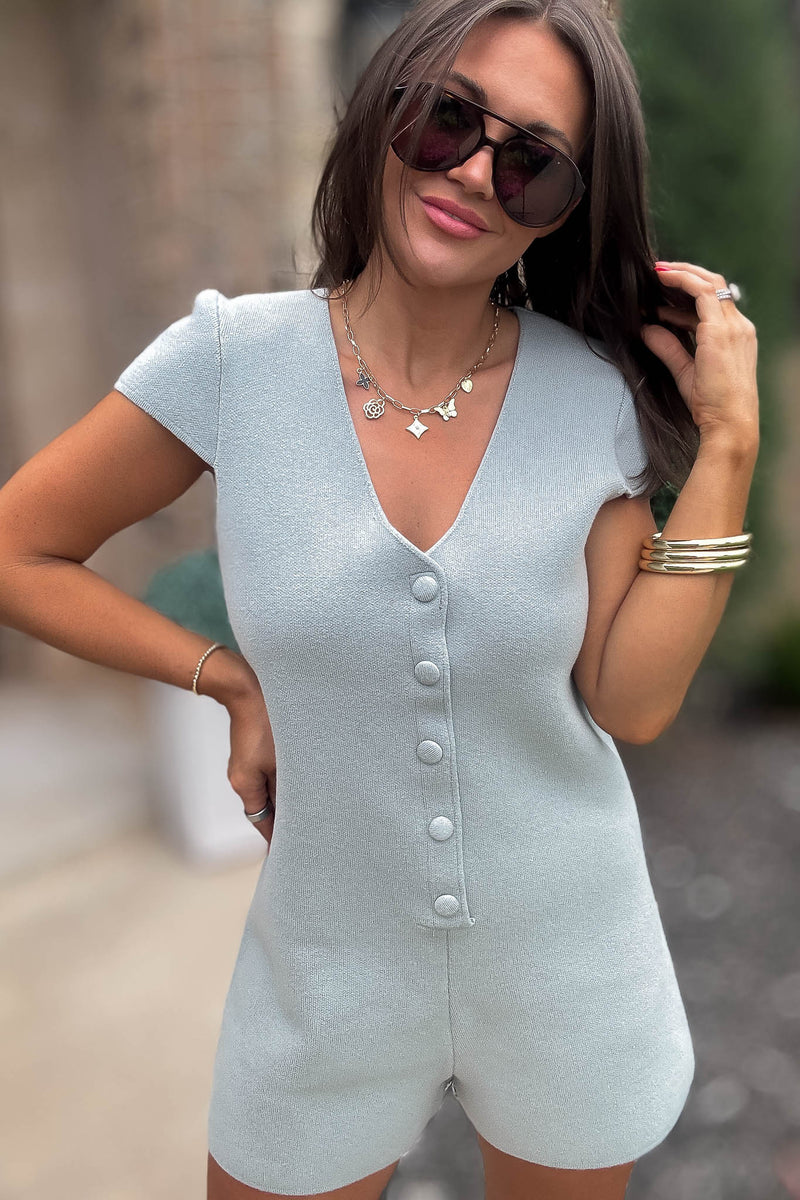Mable More To Come Dusty Sage Button Down Knit Romper