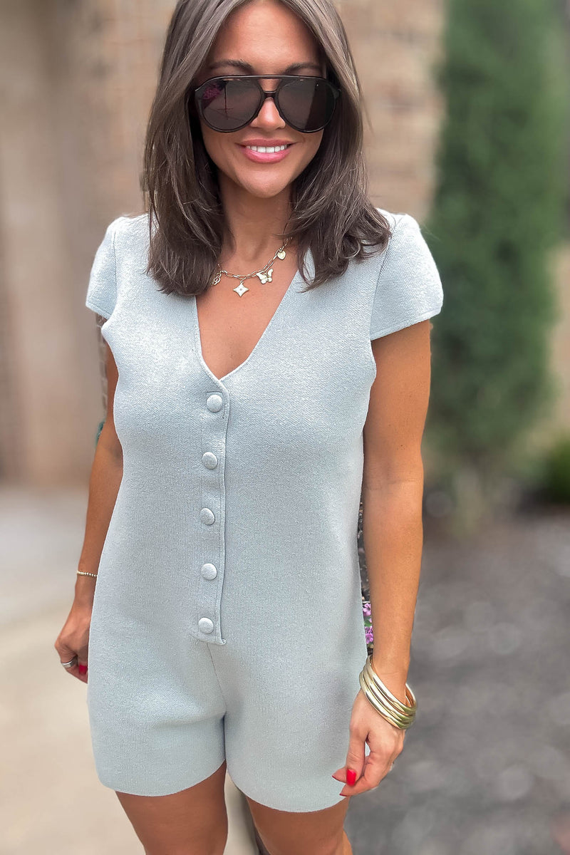 Mable More To Come Dusty Sage Button Down Knit Romper