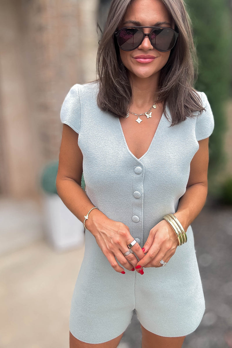 Mable More To Come Dusty Sage Button Down Knit Romper