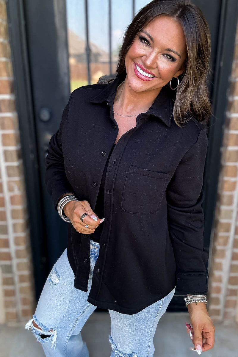 Button Up Black Fleece Shirt Jacket