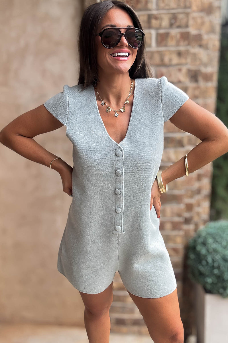 Mable More To Come Dusty Sage Button Down Knit Romper