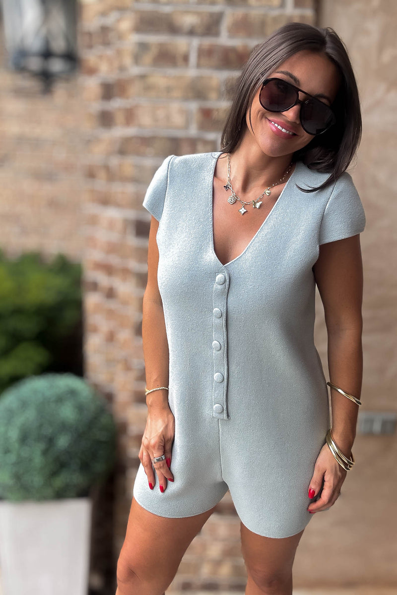 Mable More To Come Dusty Sage Button Down Knit Romper