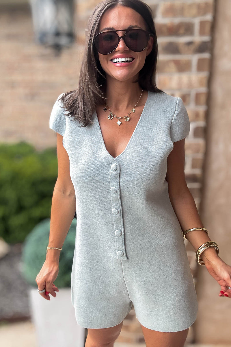 Mable More To Come Dusty Sage Button Down Knit Romper