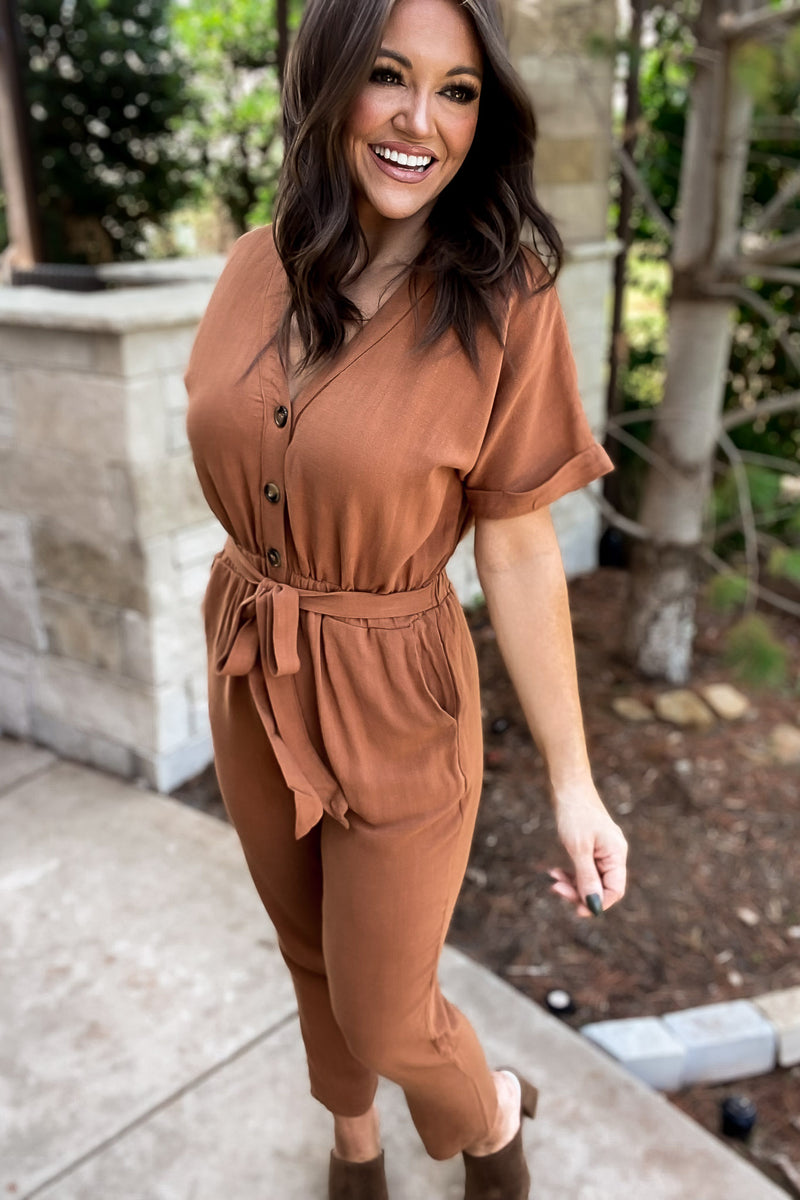 Here Forever Camel V-Neck Short Sleeve Jumpsuit