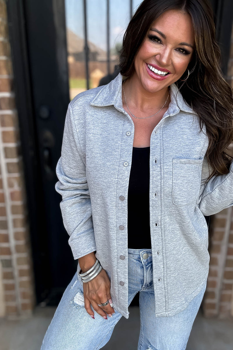 Button Up Heather Grey Fleece Shirt Jacket
