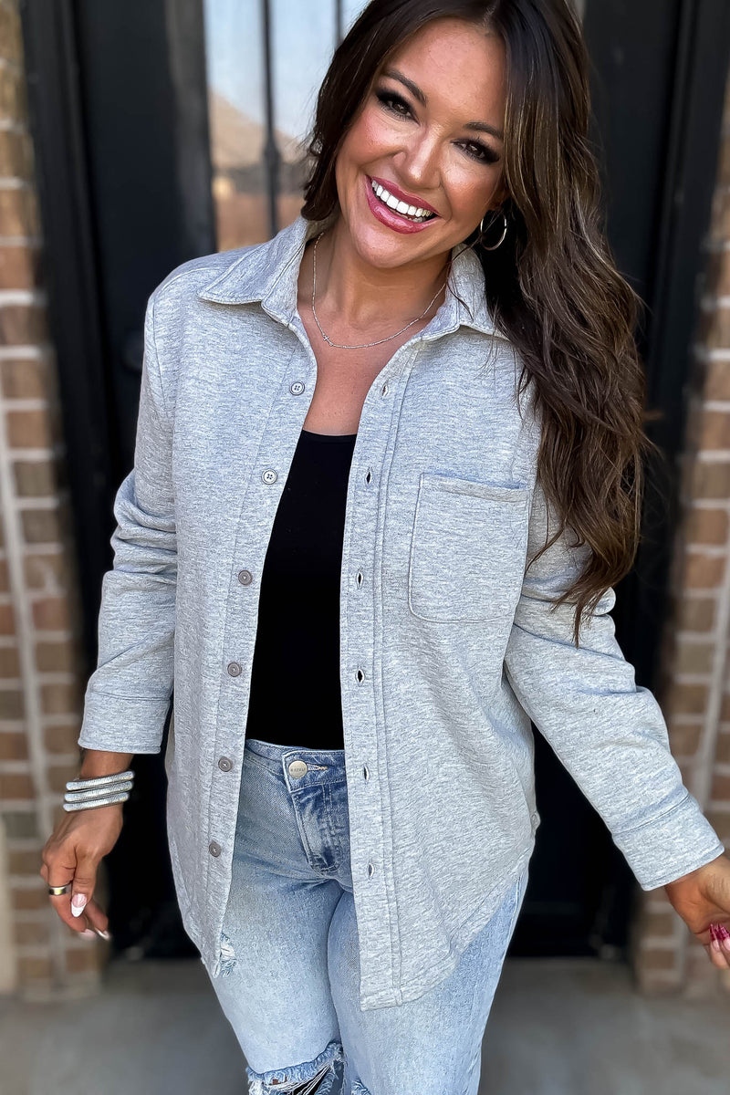 Button Up Heather Grey Fleece Shirt Jacket