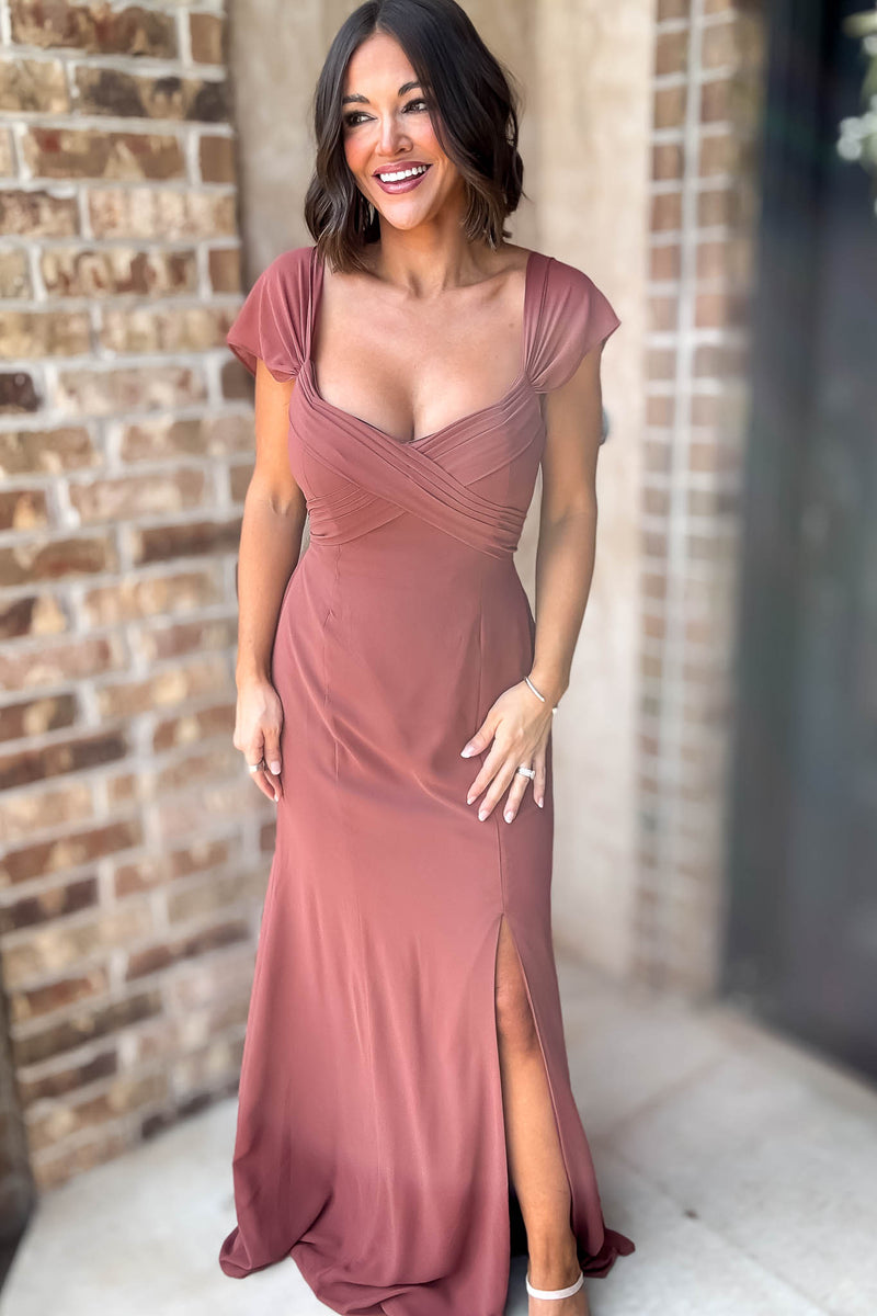 Sleeveless Detailed Rust Sleeveless Detailed Front Slit Maxi Gown Dress