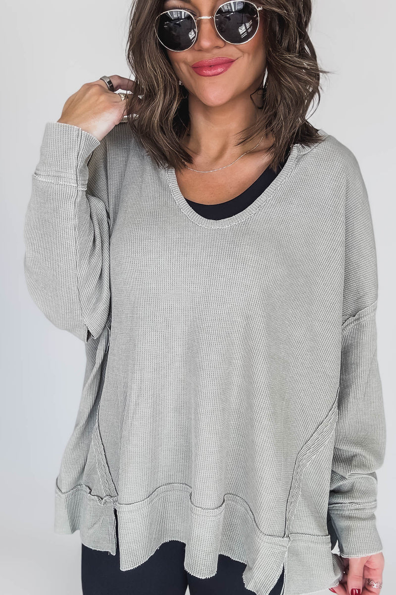 Cotton Blend Shadow Waffle Knit Oversized Long Sleeve