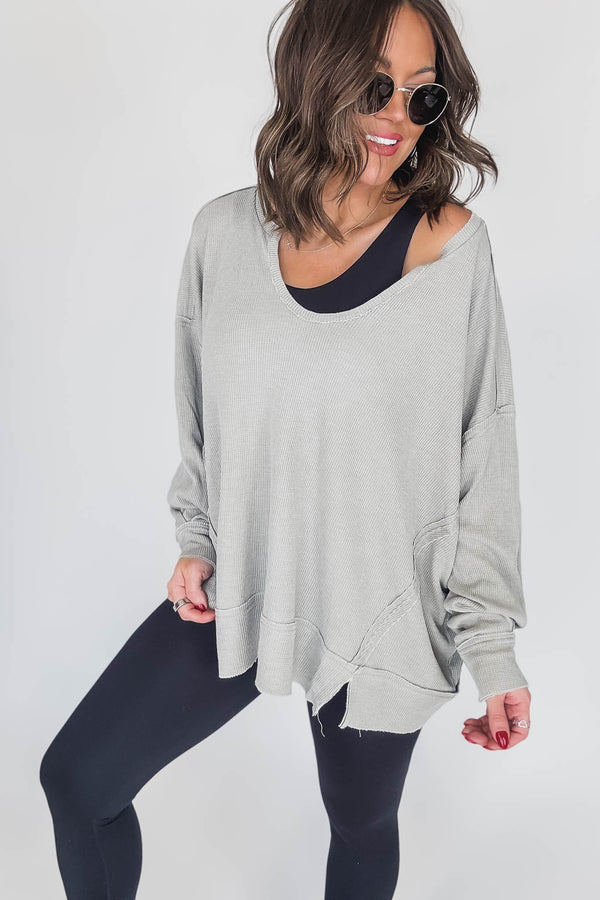 Cotton Blend Shadow Waffle Knit Oversized Long Sleeve