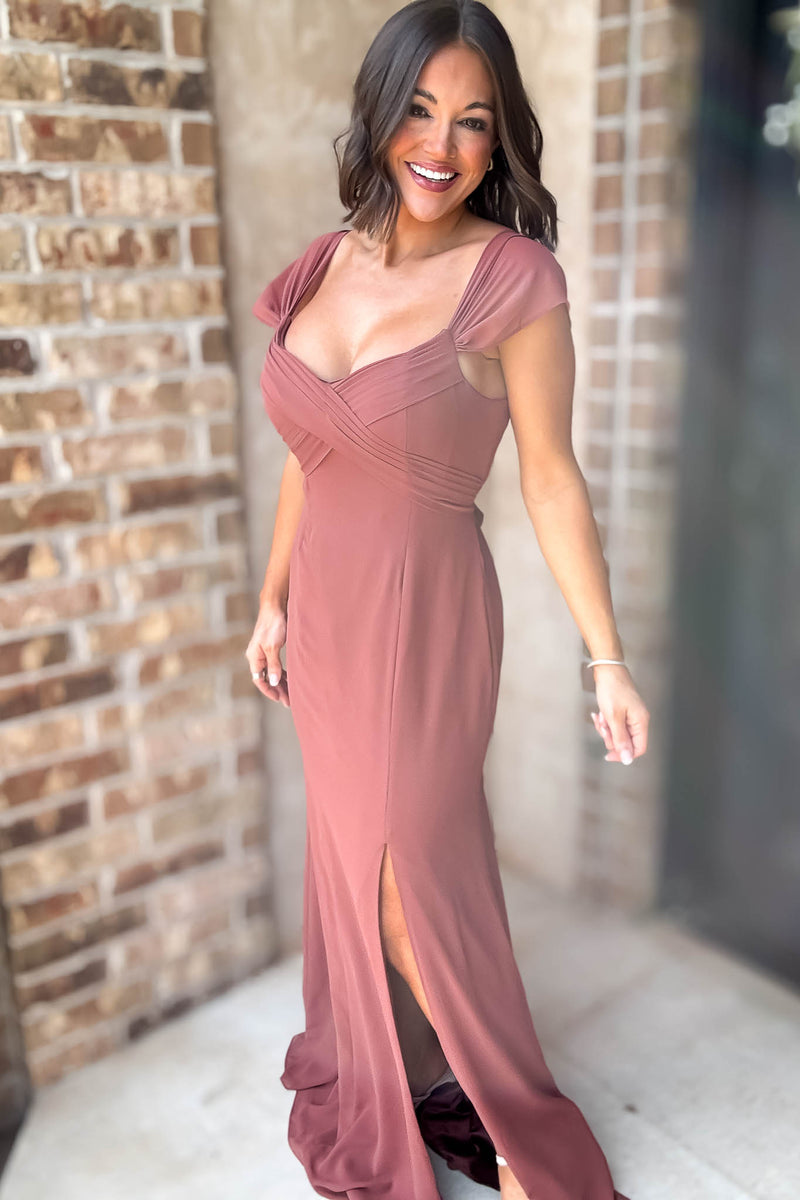 Sleeveless Detailed Rust Sleeveless Detailed Front Slit Maxi Gown Dress