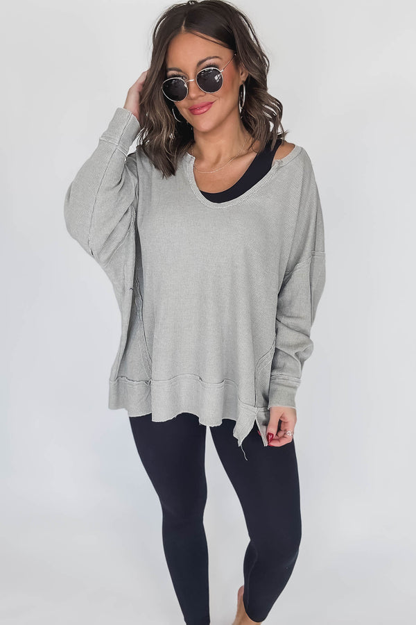 Cotton Blend Shadow Waffle Knit Oversized Long Sleeve